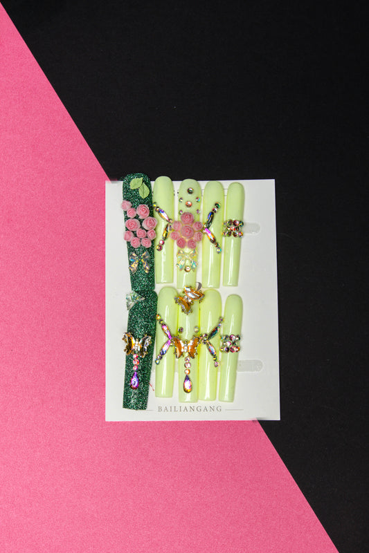 Extra Long Diamond Floral Goddess 10pcs Nail Set