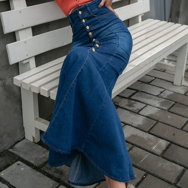 High waist long denim trumpet mermaid skirt