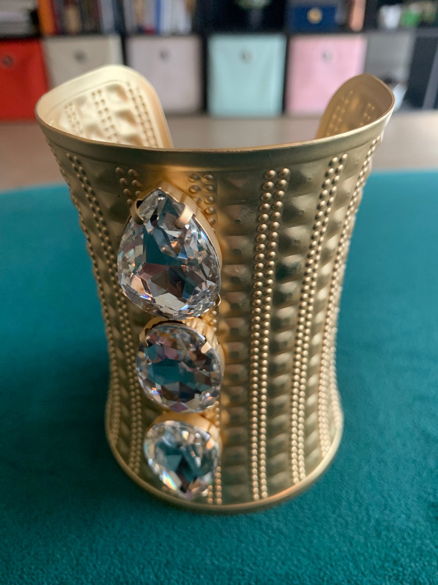 Teardrop Gold and Crystal Textured Cuff Bracelet
