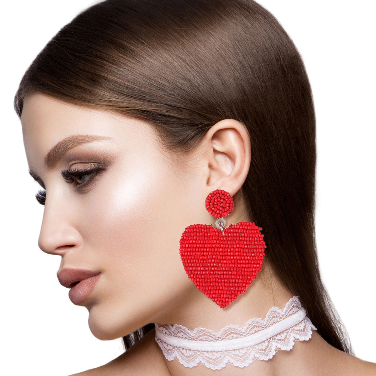 Red Seed Bead Heart Earrings