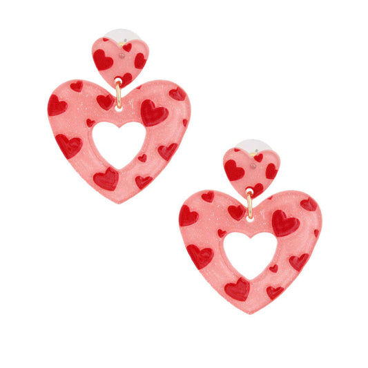 Pink Red Glitter Heart Earrings