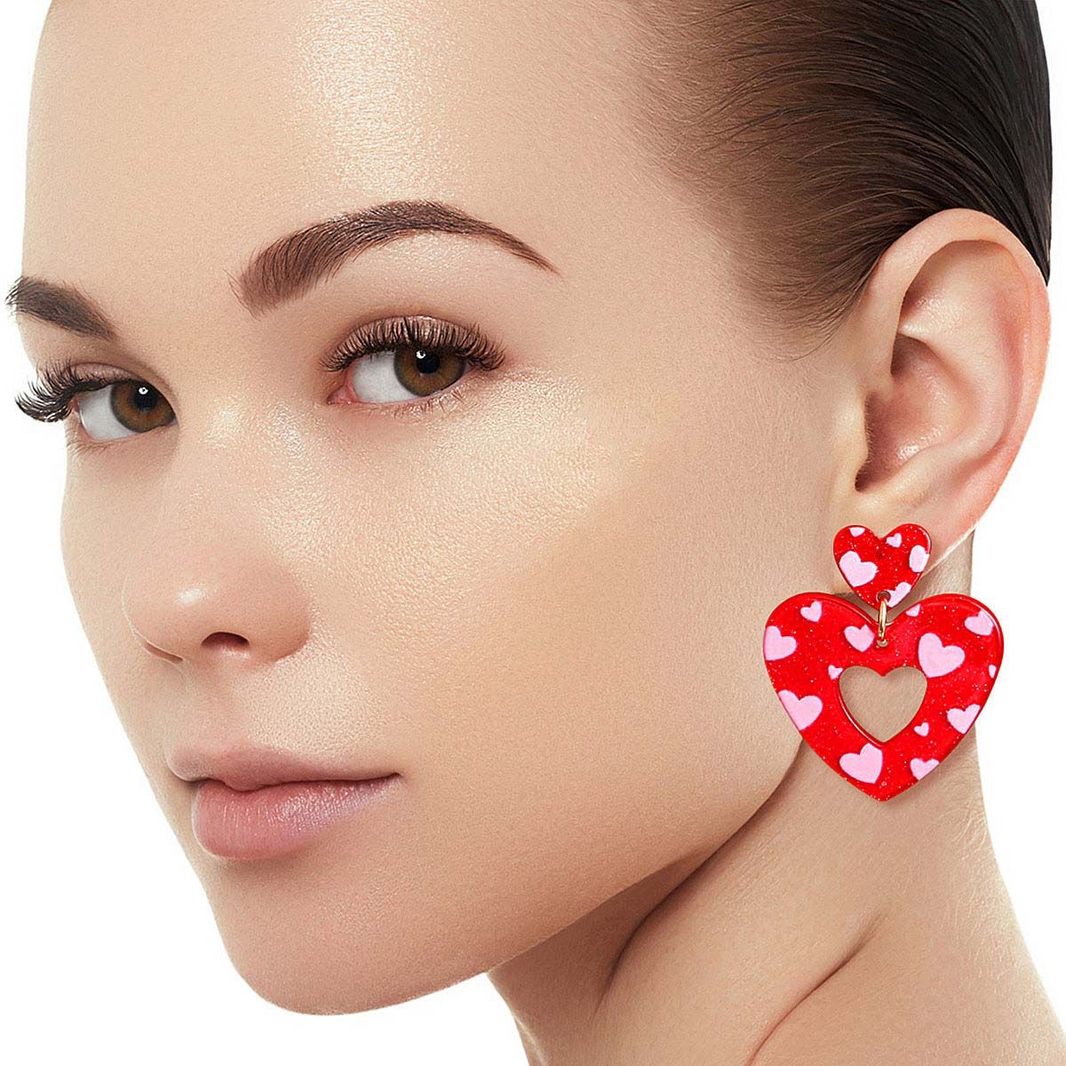 Red Pink Glitter Heart Earrings
