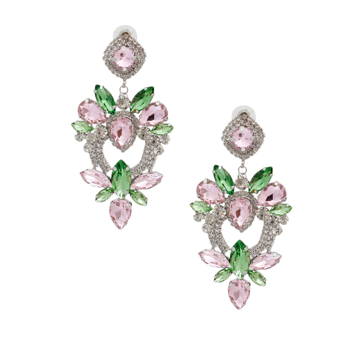Light Pink Green Glass Crystal Heart Earrings