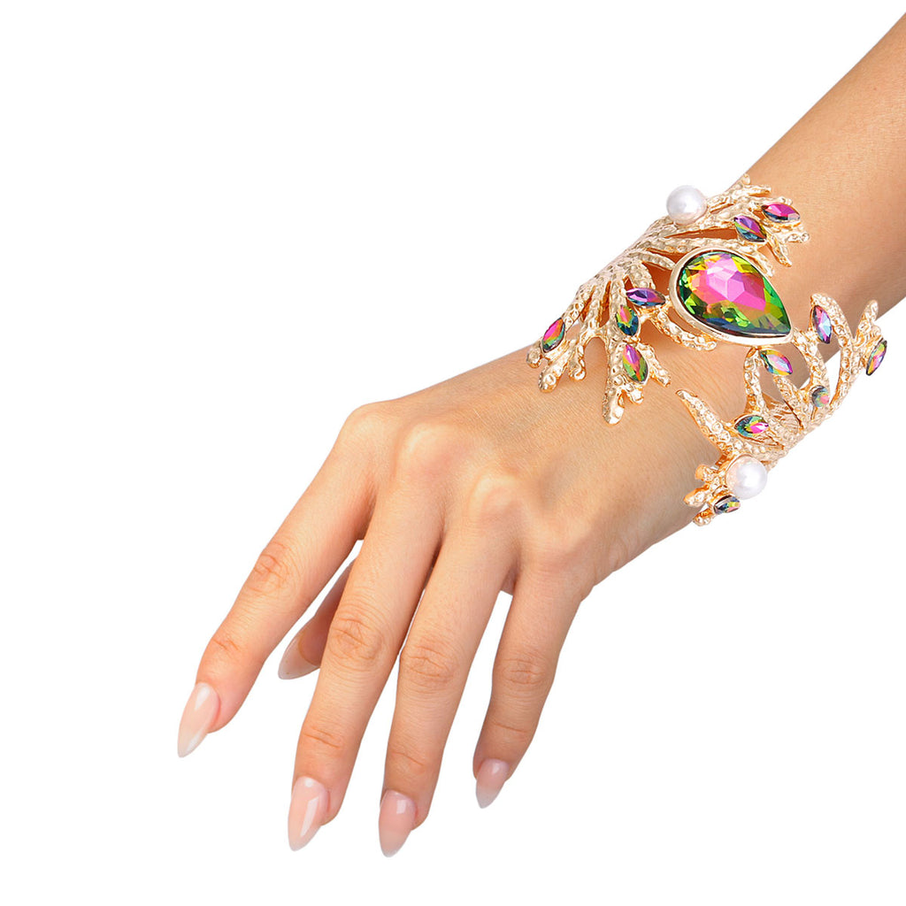 Pink Green Gold Branched Crystal Cuff