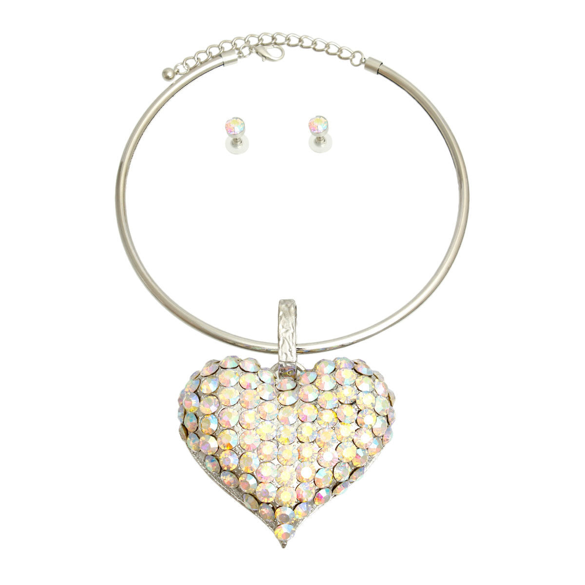 Silver Collar XL Aurora Borealis Heart Set