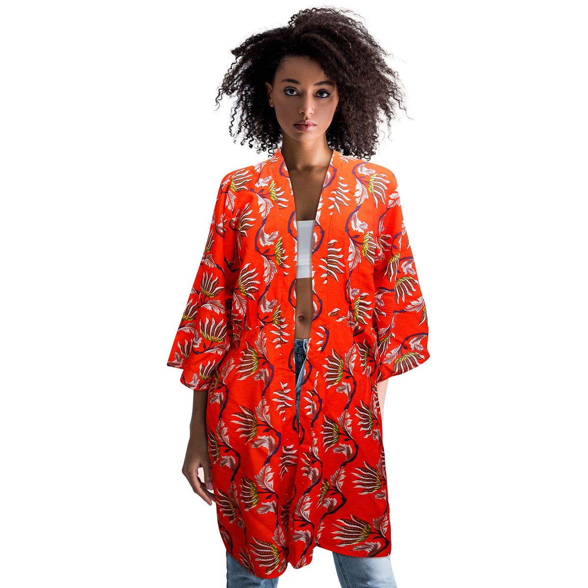 Orange Oriental Flower Long Kimono