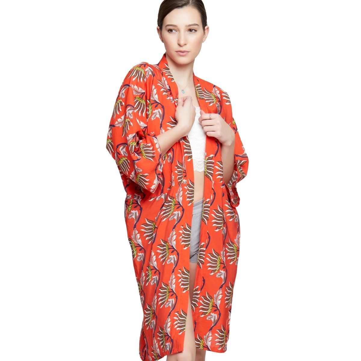Orange Oriental Flower Long Kimono