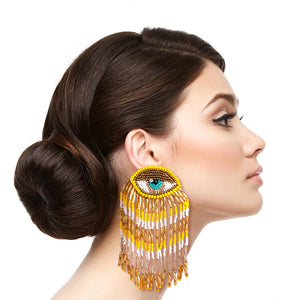 Open image in slideshow, Yellow and Gold Bead Eye Fringe Earrings
