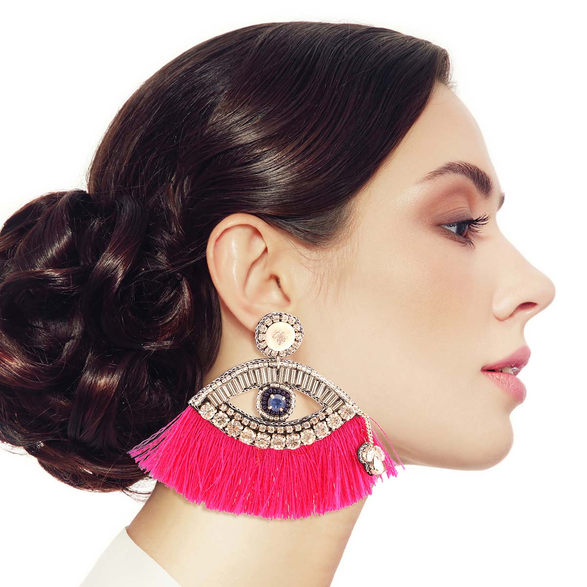 Fuchsia Tassel Rhinestone Eye Earrings