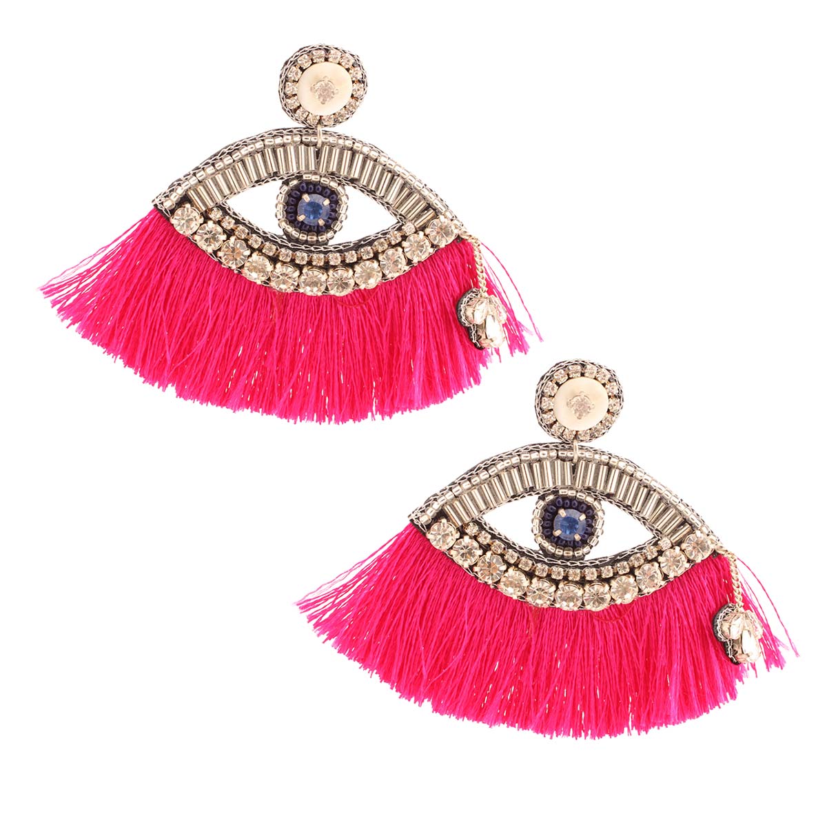 Fuchsia Tassel Rhinestone Eye Earrings