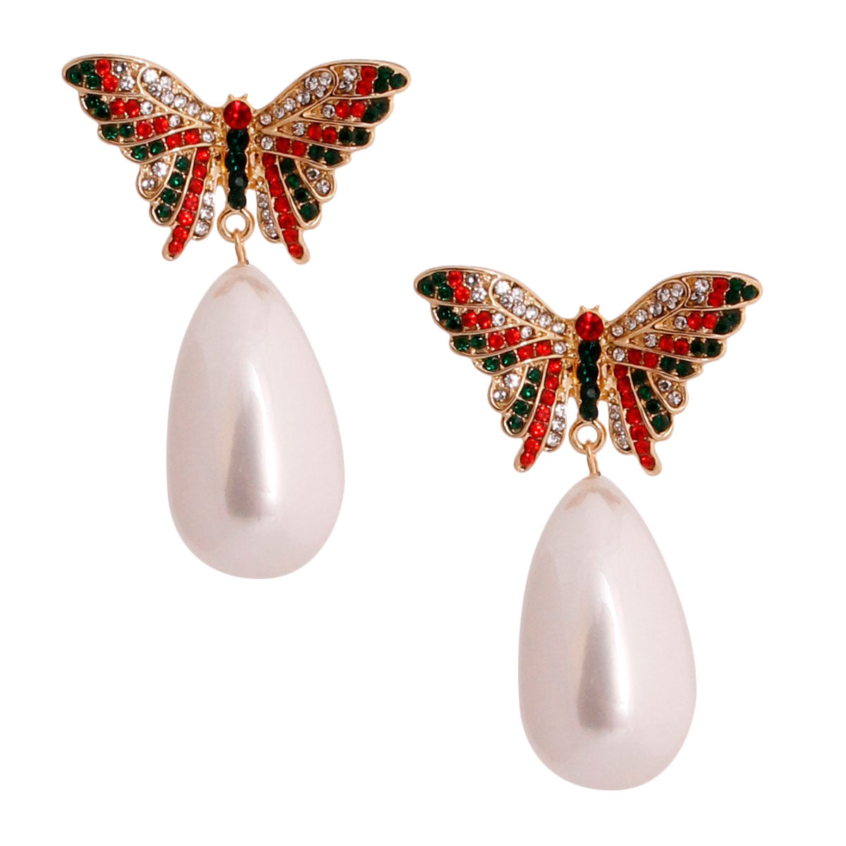 Red and Green Butterfly Pearl Earrings