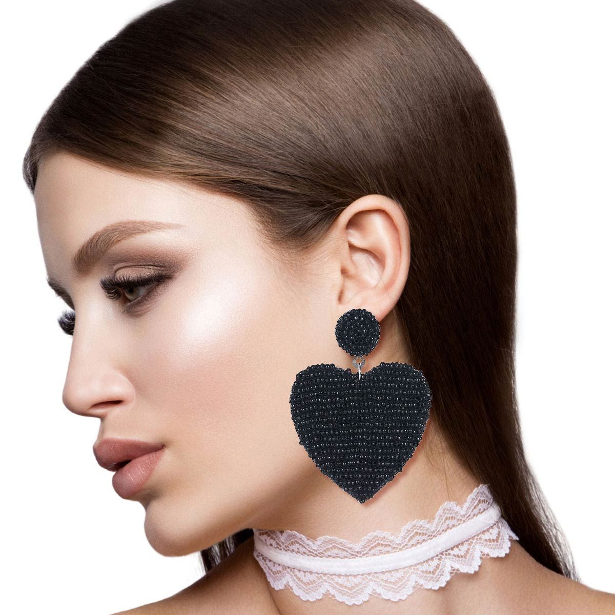 Black Seed Bead Heart Earrings