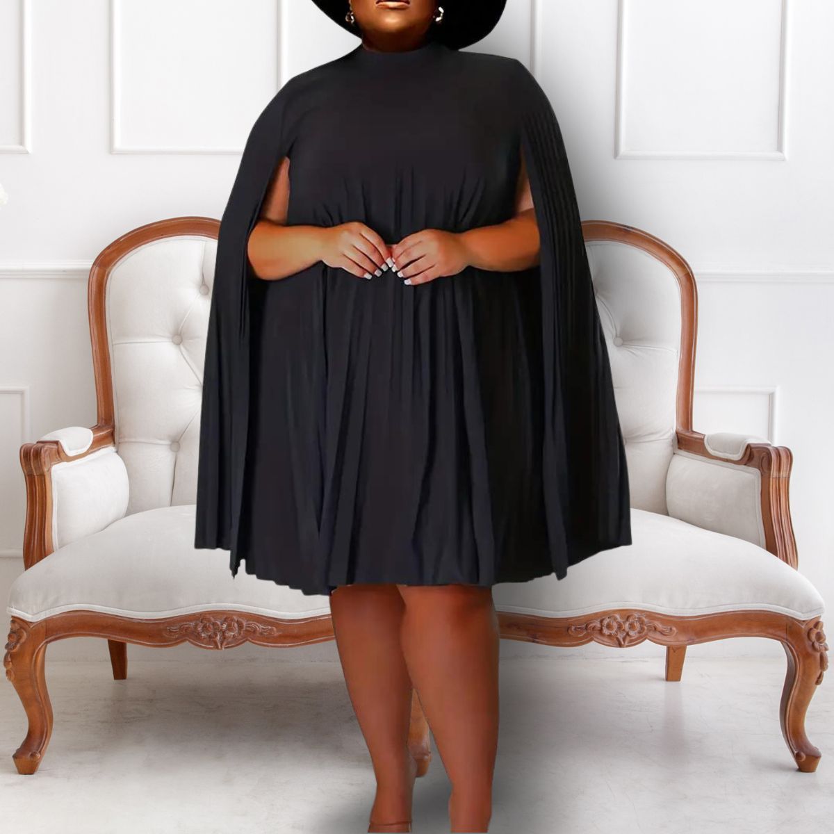 Black 4XL Pleated Cloak Dress